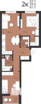 2-к квартира, вторичка, 60м2, 2/9 этаж