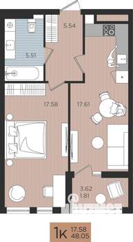 1-к квартира, строящийся дом, 48м2, 7/10 этаж