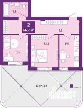 2-к квартира, вторичка, 67м2, 1/4 этаж