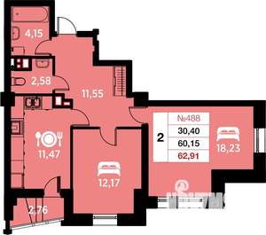 2-к квартира, вторичка, 63м2, 2/25 этаж