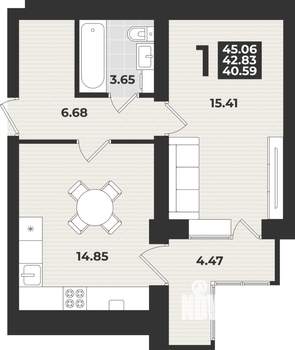 1-к квартира, строящийся дом, 45м2, 2/9 этаж