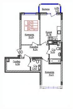 2-к квартира, строящийся дом, 62м2, 1/9 этаж