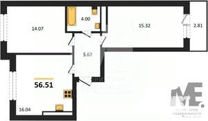 2-к квартира, вторичка, 57м2, 3/9 этаж