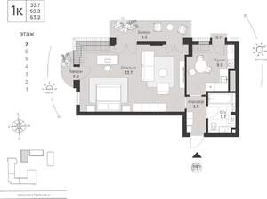 1-к квартира, вторичка, 63м2, 7/7 этаж