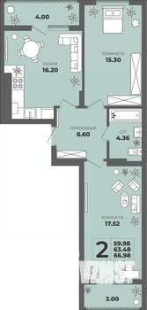 2-к квартира, строящийся дом, 63м2, 7/8 этаж