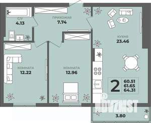 2-к квартира, строящийся дом, 62м2, 8/8 этаж