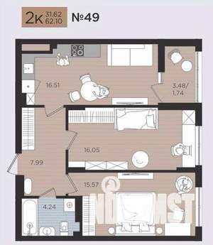 2-к квартира, строящийся дом, 62м2, 6/10 этаж