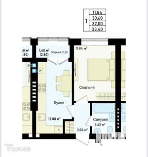 1-к квартира, сданный дом, 34м2, 2/4 этаж