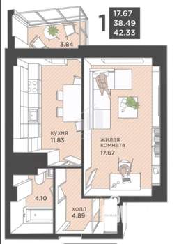 1-к квартира, вторичка, 43м2, 11/25 этаж