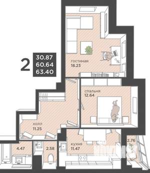 2-к квартира, сданный дом, 65м2, 2/25 этаж