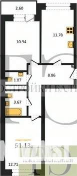 2-к квартира, вторичка, 51м2, 1/9 этаж