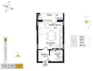 1-к квартира, вторичка, 30м2, 9/9 этаж