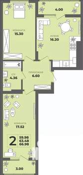 2-к квартира, вторичка, 63м2, 4/8 этаж