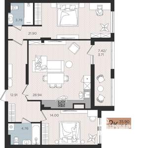 2-к квартира, строящийся дом, 90м2, 3/10 этаж