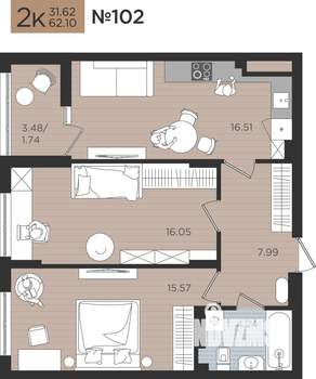 2-к квартира, вторичка, 62м2, 4/10 этаж
