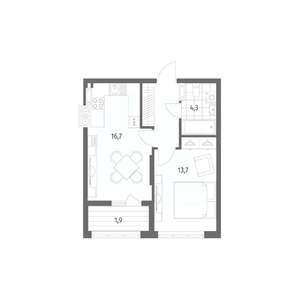 1-к квартира, строящийся дом, 42м2, 3/8 этаж