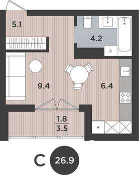 Студия квартира, вторичка, 27м2, 3/9 этаж