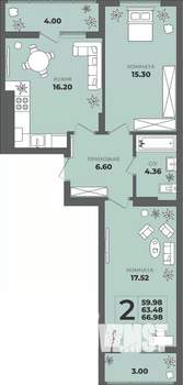 2-к квартира, строящийся дом, 63м2, 7/8 этаж
