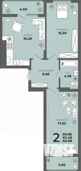 2-к квартира, строящийся дом, 63м2, 2/8 этаж