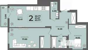 2-к квартира, строящийся дом, 62м2, 8/8 этаж