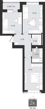 2-к квартира, вторичка, 55м2, 6/9 этаж