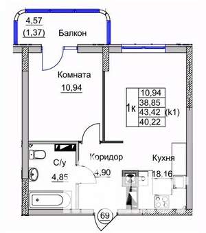1-к квартира, вторичка, 40м2, 9/9 этаж