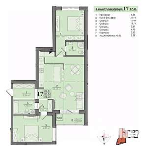 2-к квартира, вторичка, 88м2, 1/4 этаж