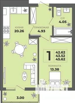 1-к квартира, строящийся дом, 44м2, 2/8 этаж