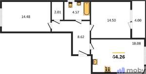 2-к квартира, вторичка, 64м2, 1/8 этаж