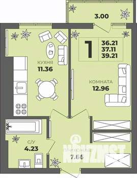 1-к квартира, строящийся дом, 37м2, 8/8 этаж