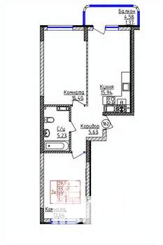 2-к квартира, строящийся дом, 57м2, 1/9 этаж