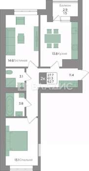 2-к квартира, вторичка, 63м2, 4/9 этаж