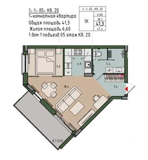 1-к квартира, вторичка, 41м2, 12/14 этаж