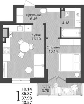 1-к квартира, строящийся дом, 38м2, 2/9 этаж