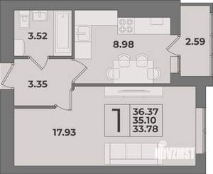 1-к квартира, вторичка, 36м2, 9/9 этаж