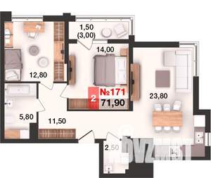 2-к квартира, вторичка, 72м2, 12/15 этаж