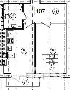 1-к квартира, строящийся дом, 39м2, 8/9 этаж