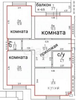 3-к квартира, вторичка, 75м2, 4/6 этаж