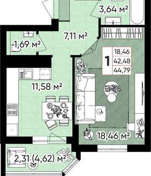 1-к квартира, вторичка, 44м2, 5/10 этаж