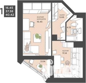 1-к квартира, вторичка, 42м2, 11/25 этаж