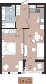1-к квартира, строящийся дом, 48м2, 2/10 этаж