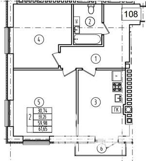 2-к квартира, строящийся дом, 60м2, 8/9 этаж