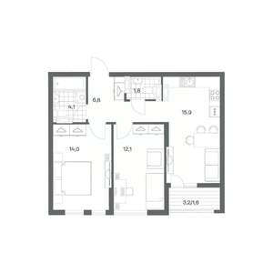 2-к квартира, строящийся дом, 56м2, 13/18 этаж