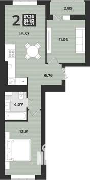 2-к квартира, вторичка, 57м2, 9/9 этаж
