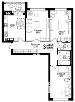 3-к квартира, вторичка, 84м2, 11/16 этаж