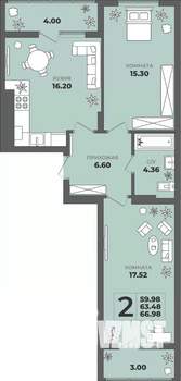2-к квартира, строящийся дом, 63м2, 4/8 этаж