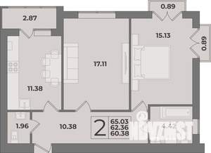 2-к квартира, строящийся дом, 65м2, 4/9 этаж