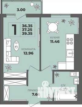 1-к квартира, строящийся дом, 37м2, 2/8 этаж