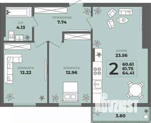 2-к квартира, строящийся дом, 62м2, 2/8 этаж