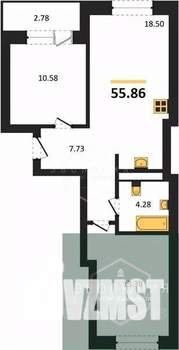 2-к квартира, вторичка, 56м2, 1/9 этаж